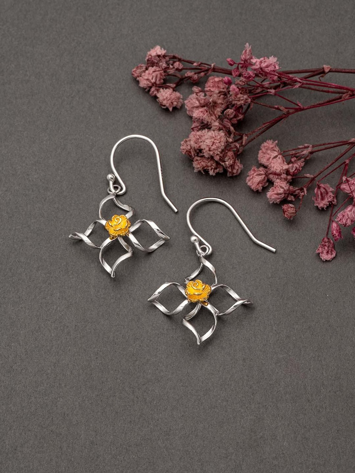 Silberry 925 Sterling Silver 18k Gold Plated Two Tone Silver Daffodil Drop Earrings for Women