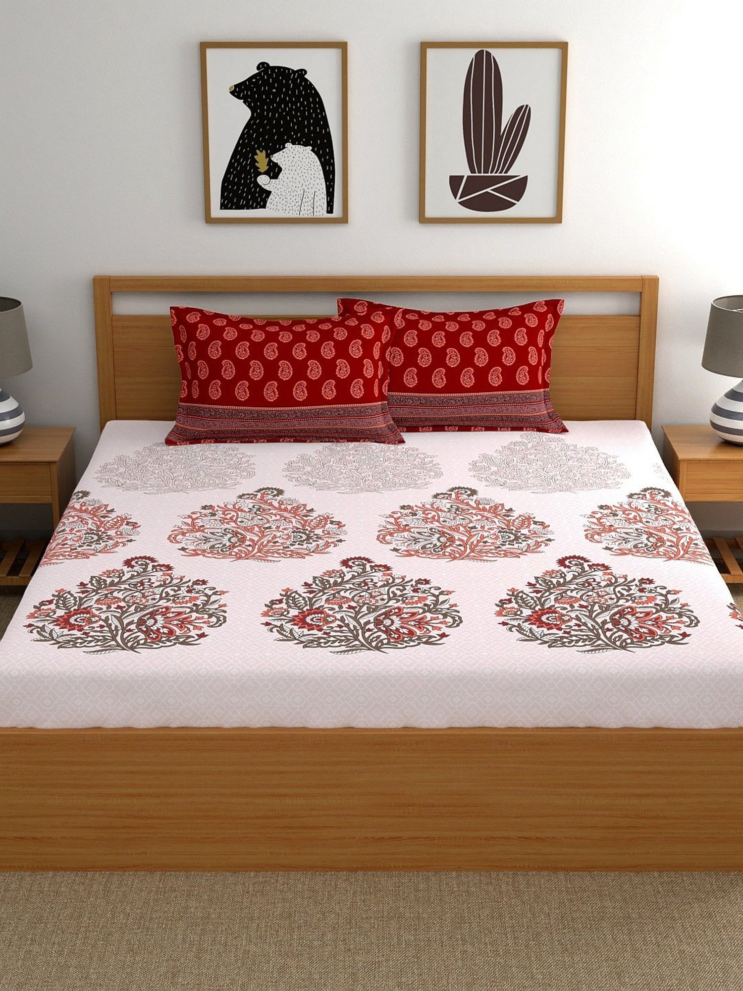 My Room Floral White & Red 140 TC Cotton Queen Bed Sheet with 2 Pillow Covers