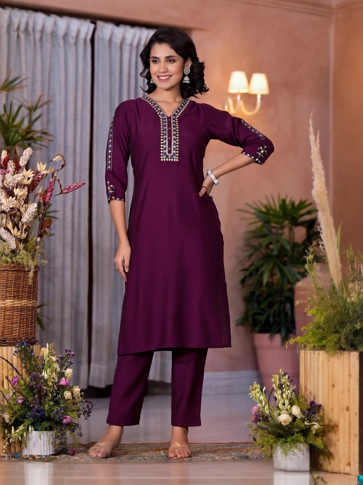 Juniper Maroon Embroidered Kurta Pant Set With Dupatta