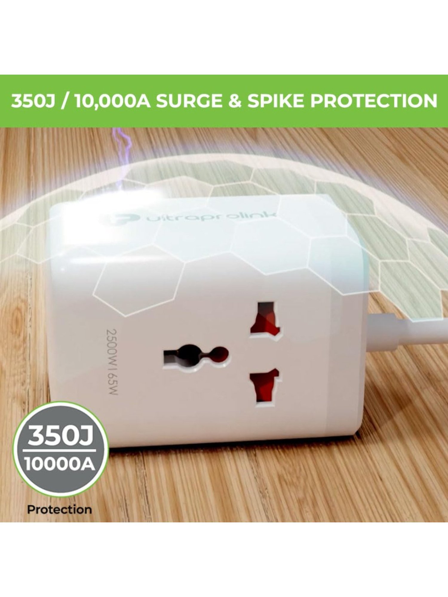 UltraProlink Power Qube 65 Extension Board Surge Protector with 2 Universal Sockets 2500W (White)