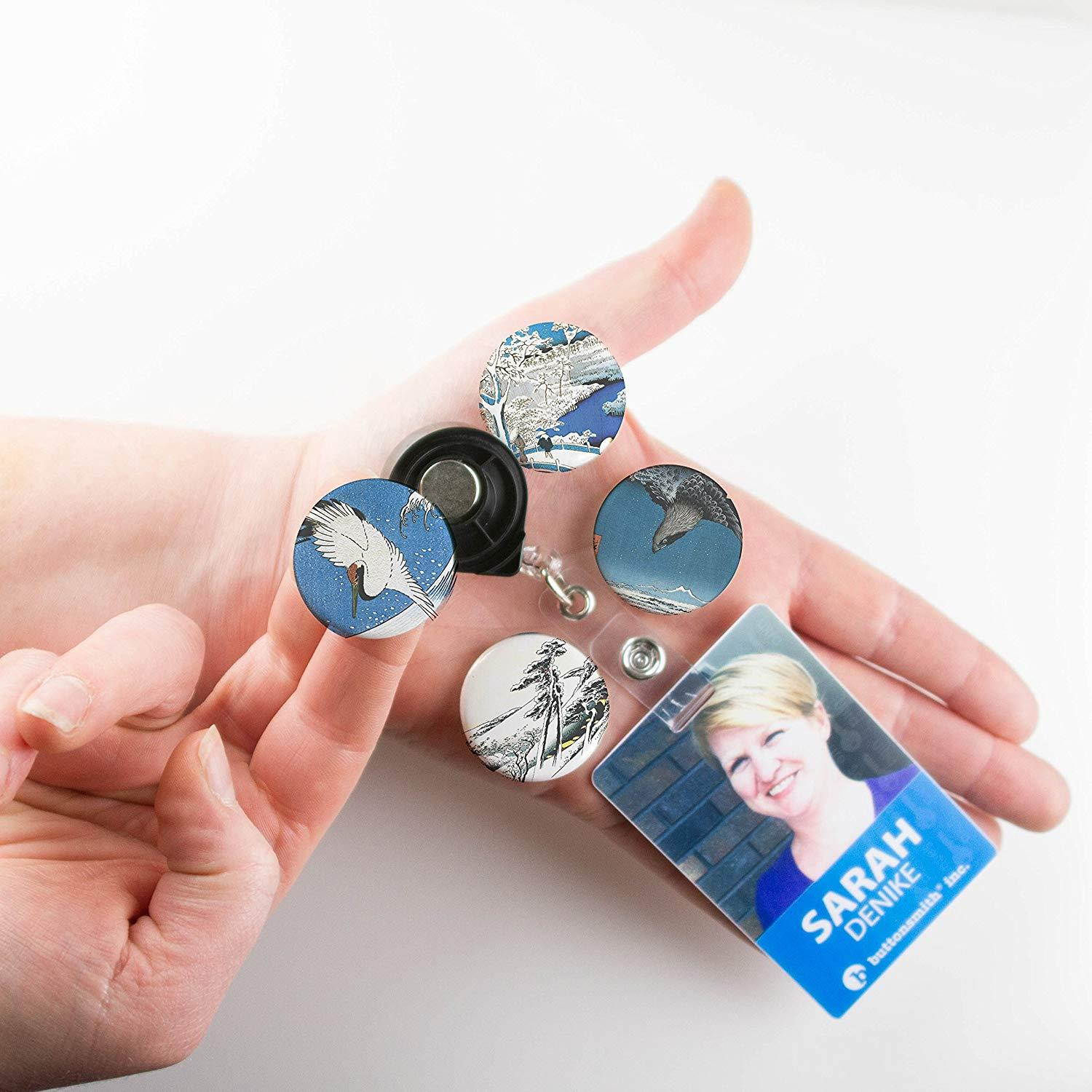 Buttonsmith Hiroshige Retractable Tinker Reel Badge Reel with Rotating Alligator Clip and Swappable Tinker Tops - Made in the USA, 1 Year Warranty