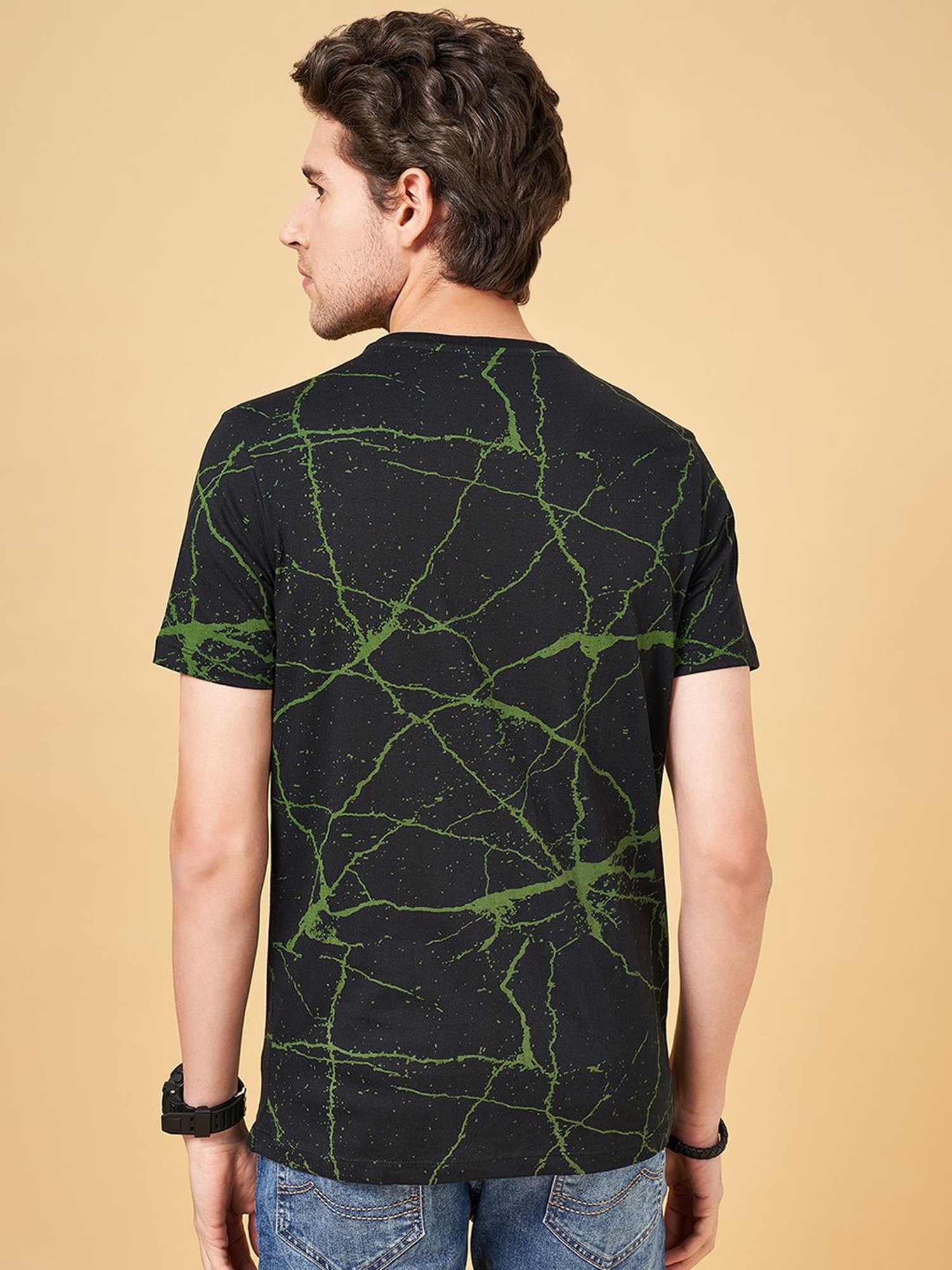 SF Jeans by Pantaloons Jet Black Cotton Slim Fit Printed T-Shirt