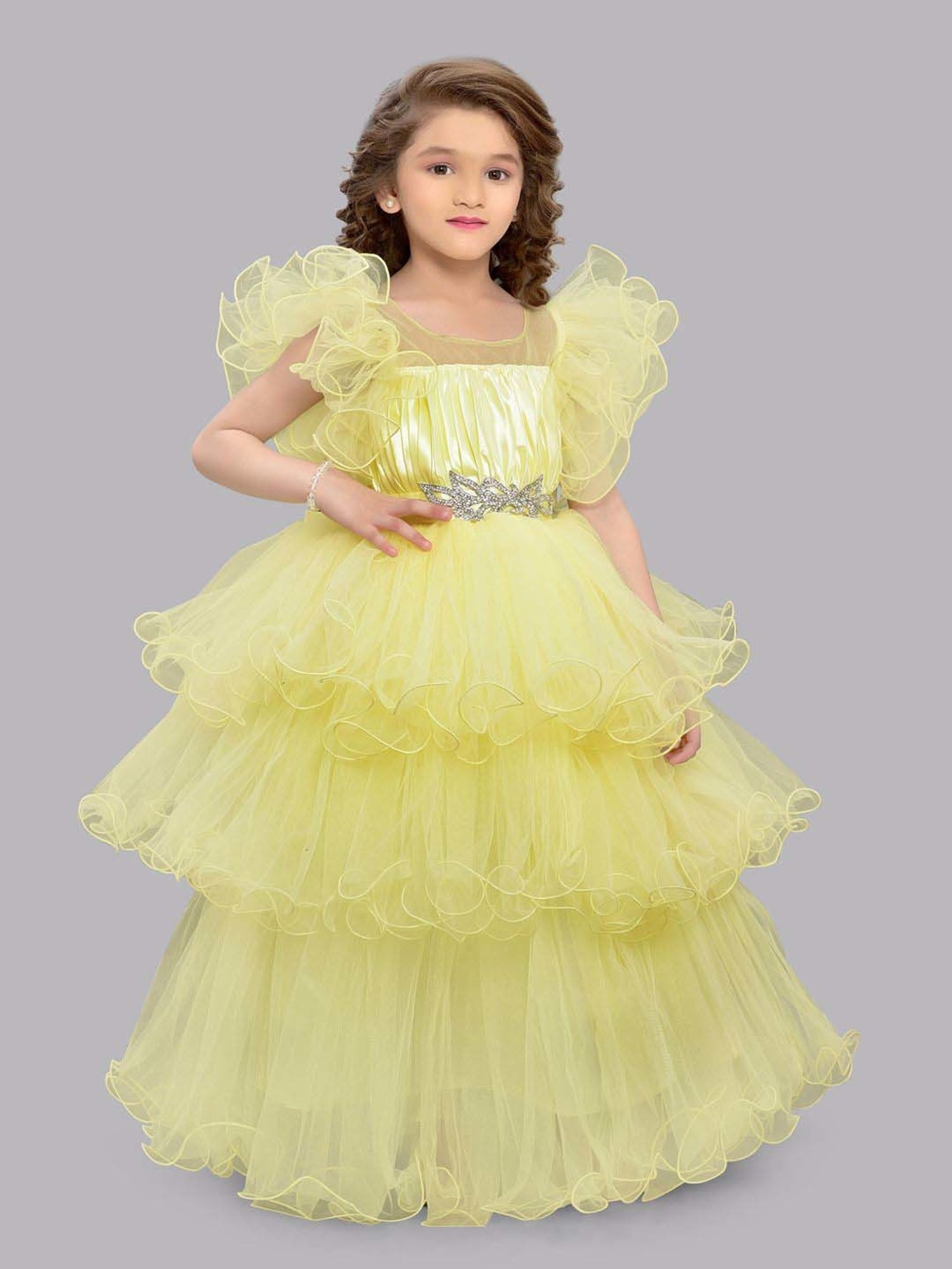 Pink Chick Kids Yellow Solid Party Gowns