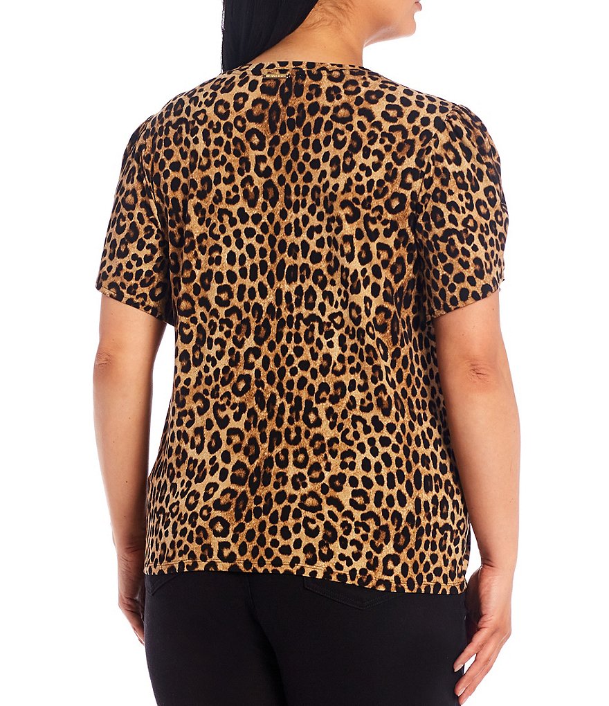 MICHAEL Michael Kors Plus Size Cheetah Print Lux Matte Jersey Round Neck Tulip Short Sleeve Top