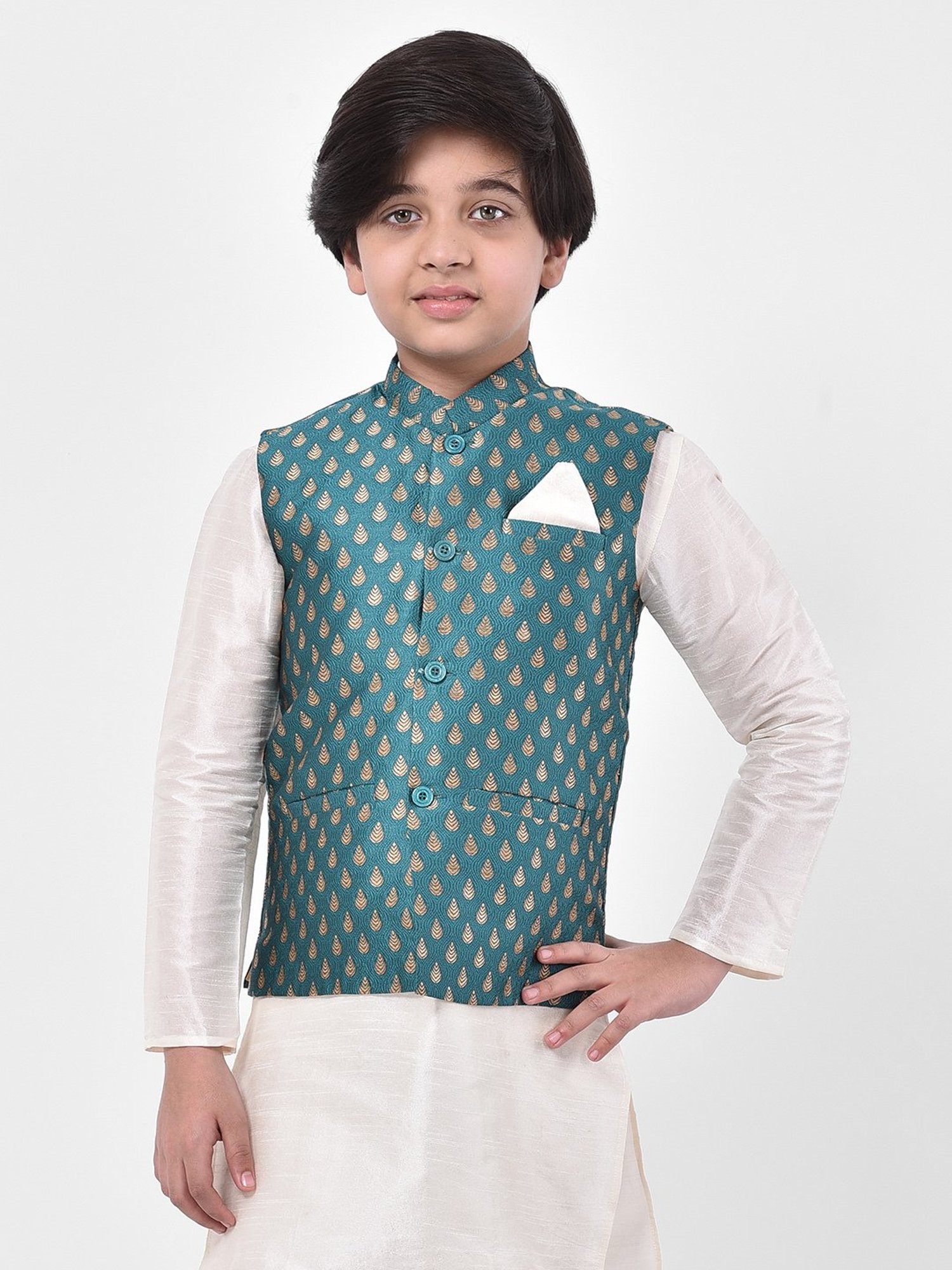 Deyann Kids Sea Green Embroidered Nehru Jacket