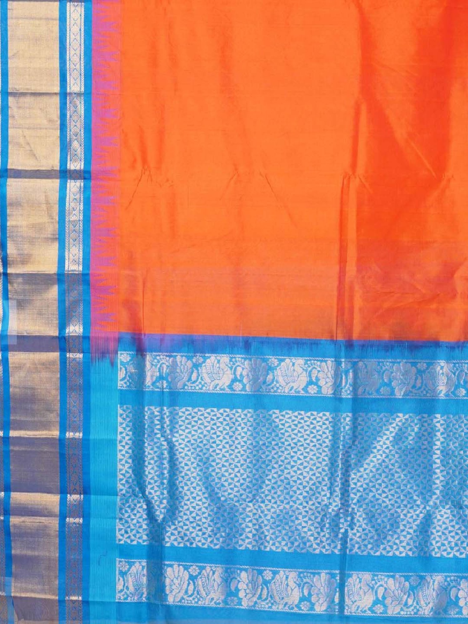 Unnati Silks Orange & Blue Silk Woven Saree With Unstitched Blouse