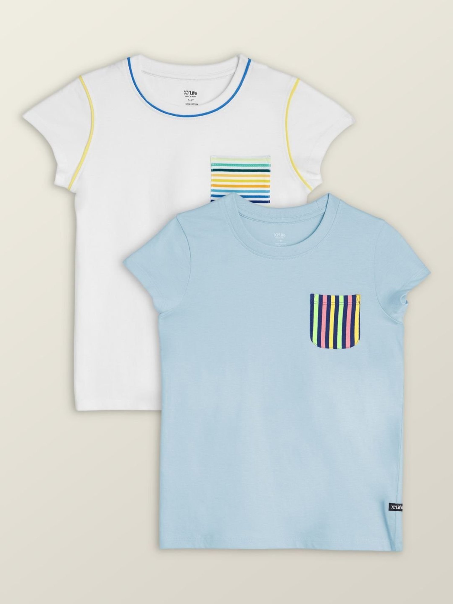 XY Life Kids Blue & White Cotton Printed T-Shirt (Pack of 2)