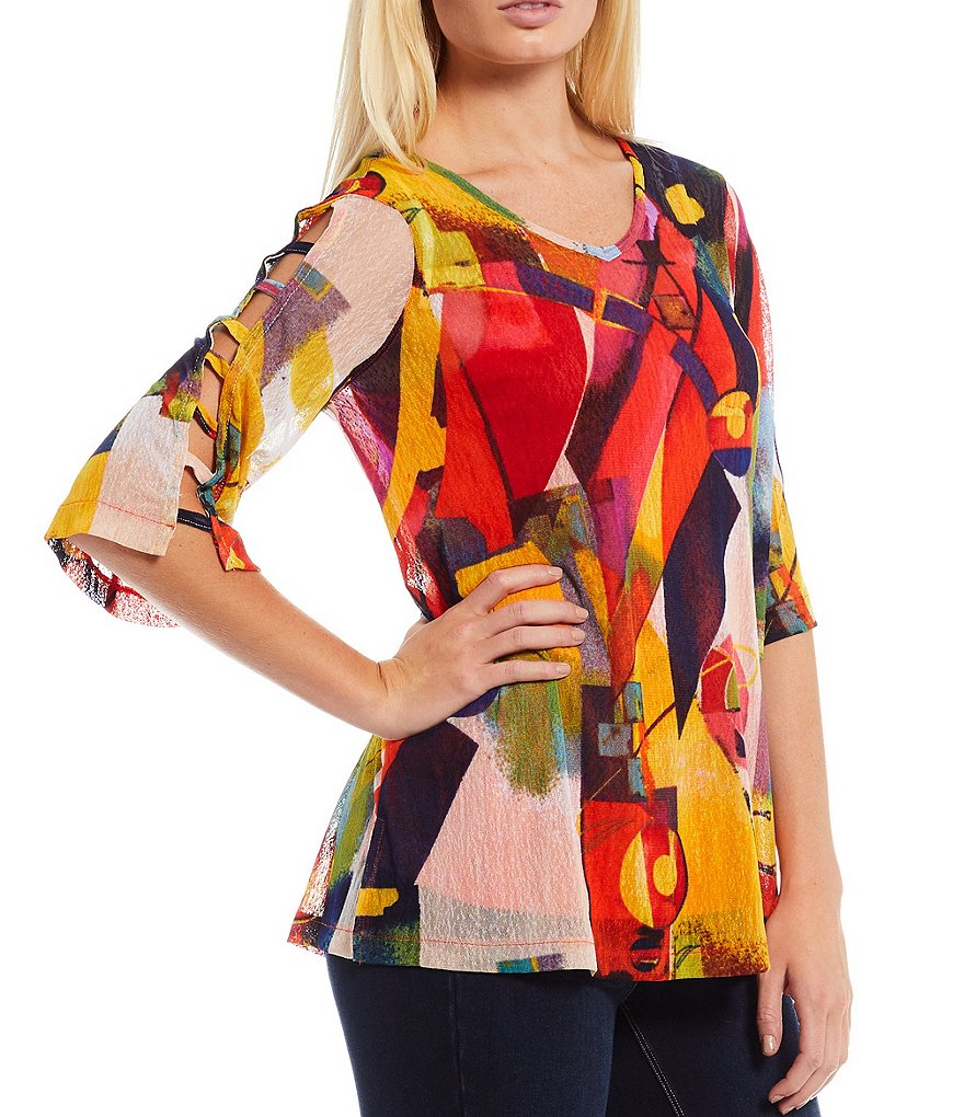 Ali Miles 3/4 Ladder Sleeve V-Neck Abstract Print Onion Skin Blouse