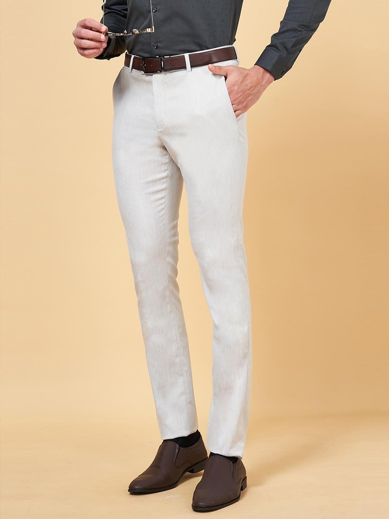 Peregrine by Pantaloons Light Grey Slim Fit Self Pattern Trousers
