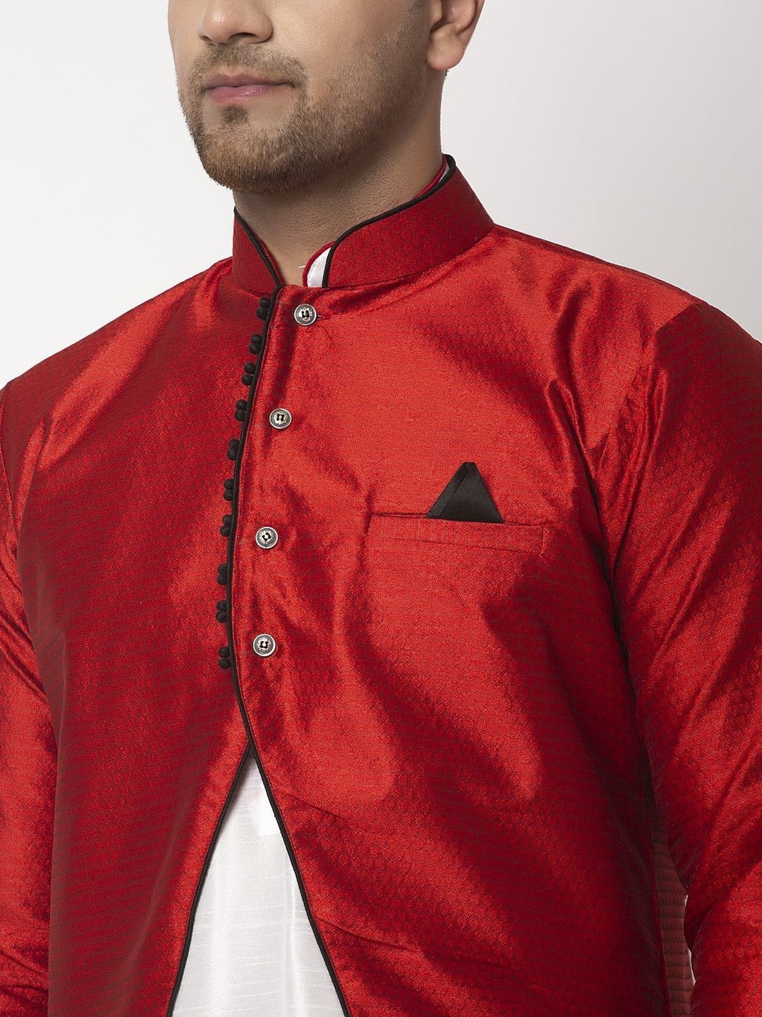 Benstoke White & Red Regular Fit Self Pattern Kurta Set With Jacket