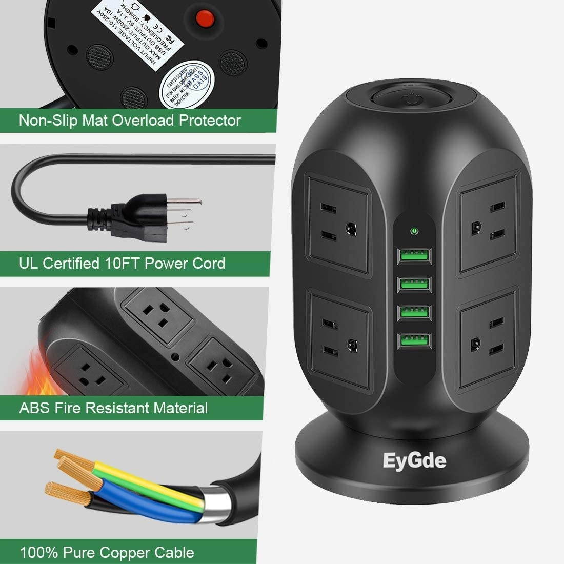 EyGde Power Strip Tower Surge Protector, Multi Plug Outlet with 10Ft Long Extension Cord+Power Strip Tower EyGde Surge Protector Electric Charging Station, 12 AC Outlets with 4 Individual ON/Off Switc