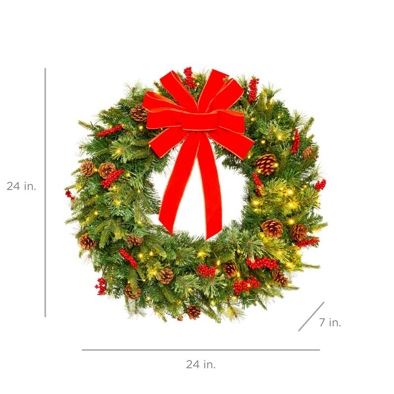 Best Choice Products 24in Pre-Lit Battery Powered Christmas Wreath Decoration w/ 70 Lights, 96 PVC Tips, Ribbons