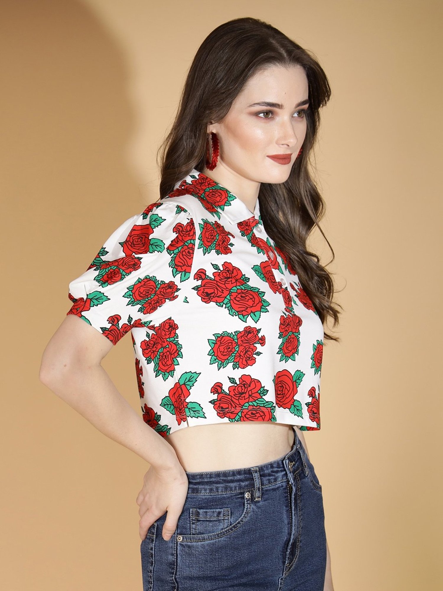 Global Republic White & Red Cotton Floral Print Crop Top
