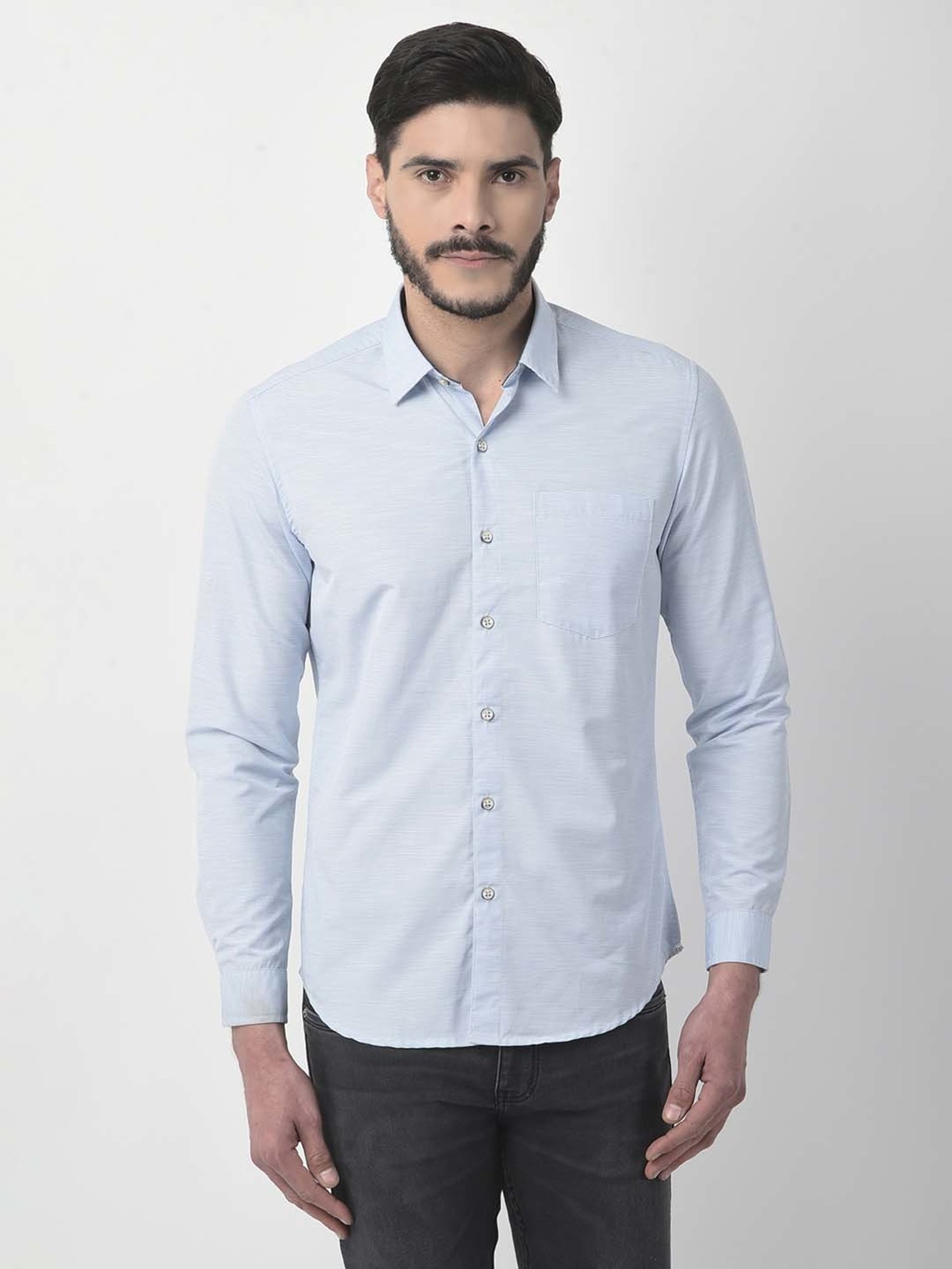 NUMERO UNO Light Blue Slim Fit Striped Shirt