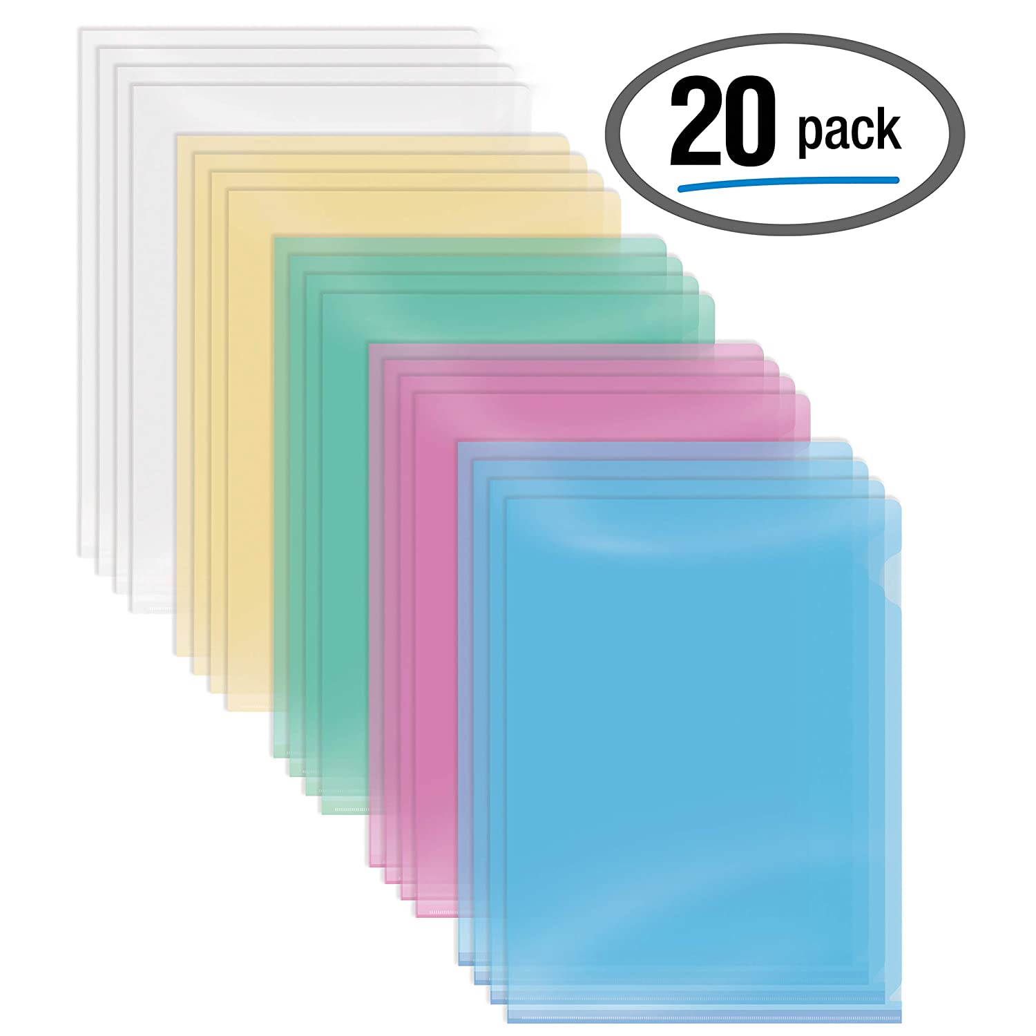 Poly Project Pockets, 20 Pack, Plastic File Jacket Sleeves for Letter Size Paper, Assorted 5 Translucent Colors, by Better Office Products, Project Folder File Jackets, 9" x 11.5", 20 Pack