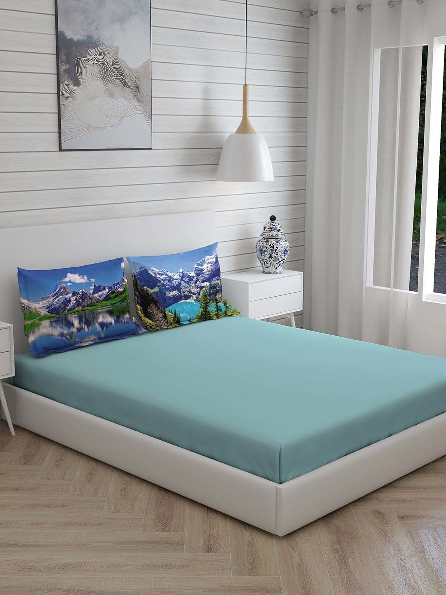 Boutique Living Globe Trotter Blue Cotton 200 TC King Size Bed Sheet with Pillow Cover