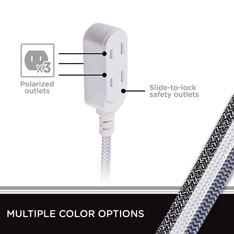 White/Gray, Designer 3-Outlet Extension Cord, 15 Ft Braided Cable, 2-Prong Power Strip, Slide-to-Lock Safety, Low-Profile Flat Plug, Polarized, ETL Listed, 43431-T1, 15 Ft, 15 Ft