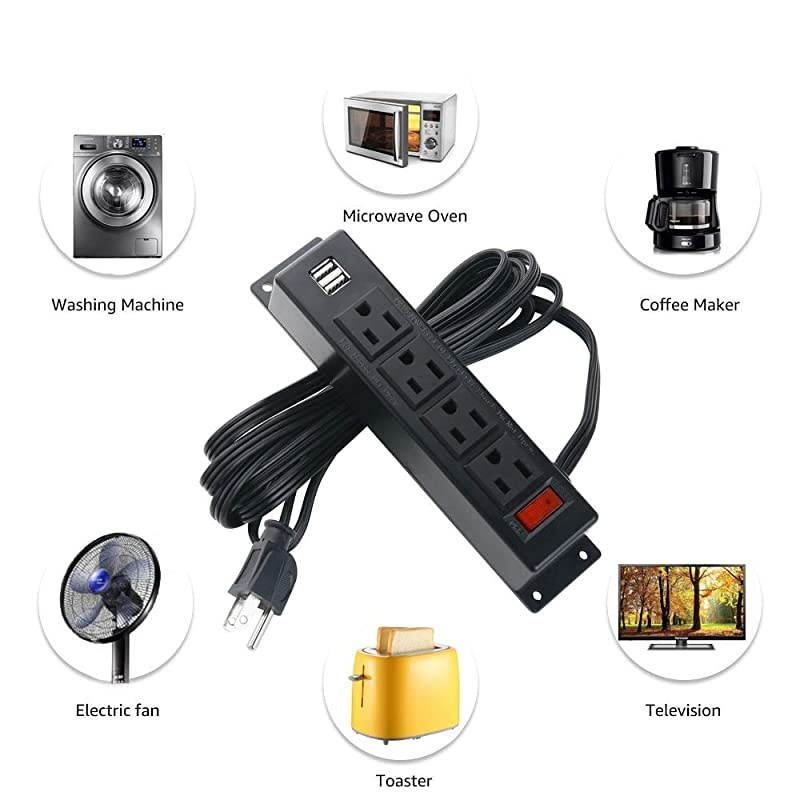 Mount Power Strip with USB Mountable Power Outlet with 4 AC Outlet 2 USB Port Switch Connect with 656 ft Power Cord Mount Under Desk Workbench Nightstand Dresser Table4AC2USB656FT