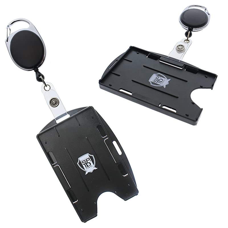 2 Pack Premium Two Card Plastic Badge Holder Vertical or Horizontal with Heavy Duty Retractable Carabiner Clip Badge Reel by  Black