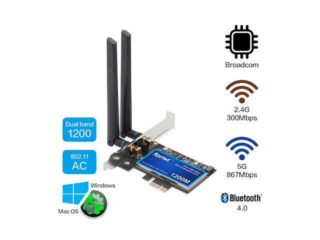 Fenvi FV-HB1200 Desktop Wireless AC1200 Dual Band PCI Express Hackintosh Wi-Fi Adapter, Bluetooth 4.0, Support Mac OS/Windows, 2.4G/5Ghz, 802.11ac, With Broadcom Wifi Card, 2x 6db Antennas