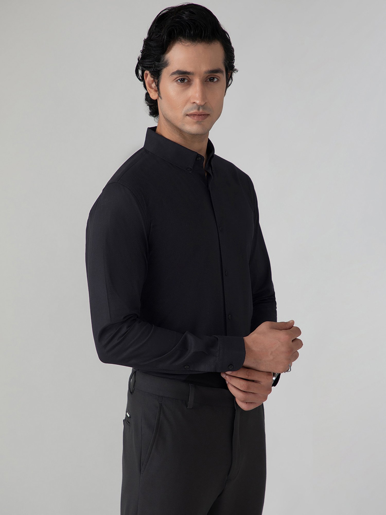 SUBTRACT Black Slim Fit Self Design Shirt