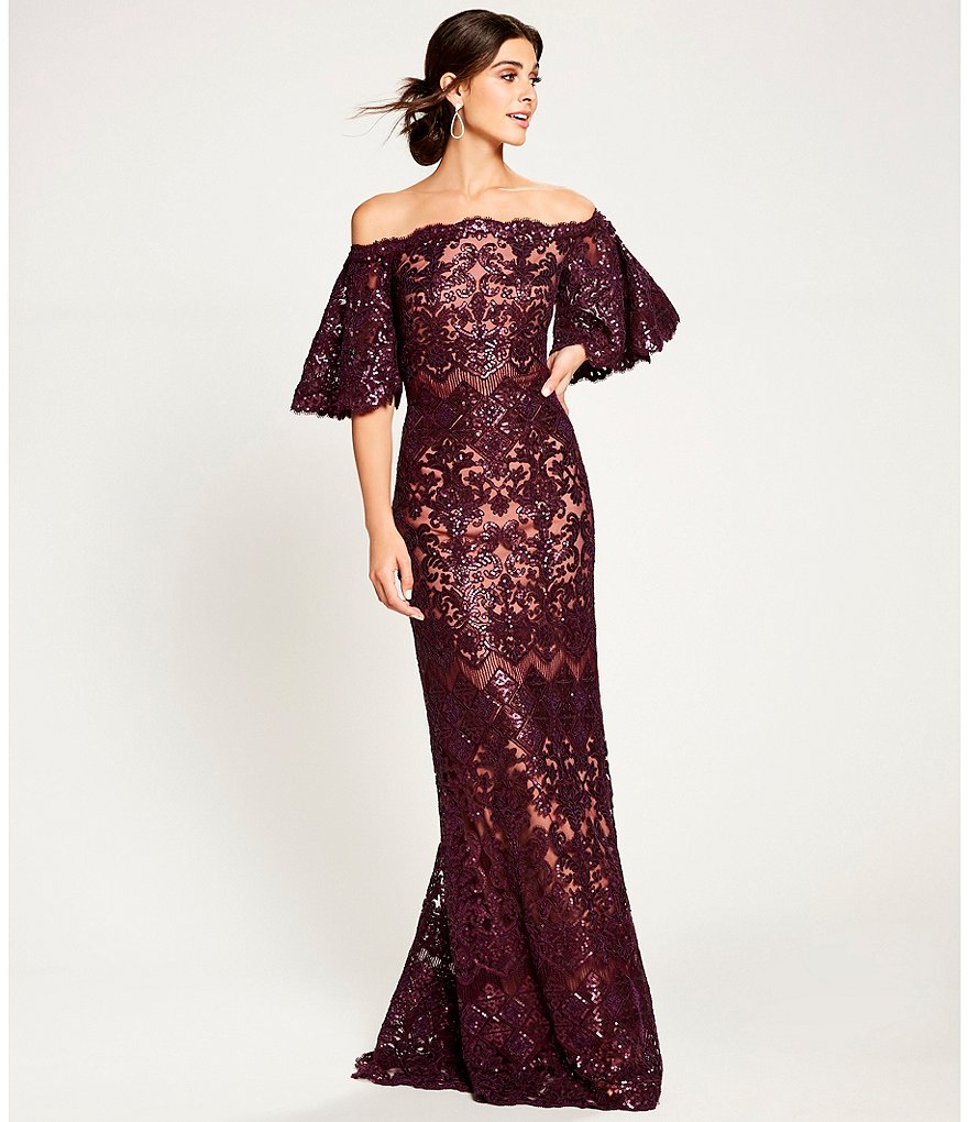 Tadashi Shoji Off-the-Shoulder Sequin Lace Scalloped Hem Gown