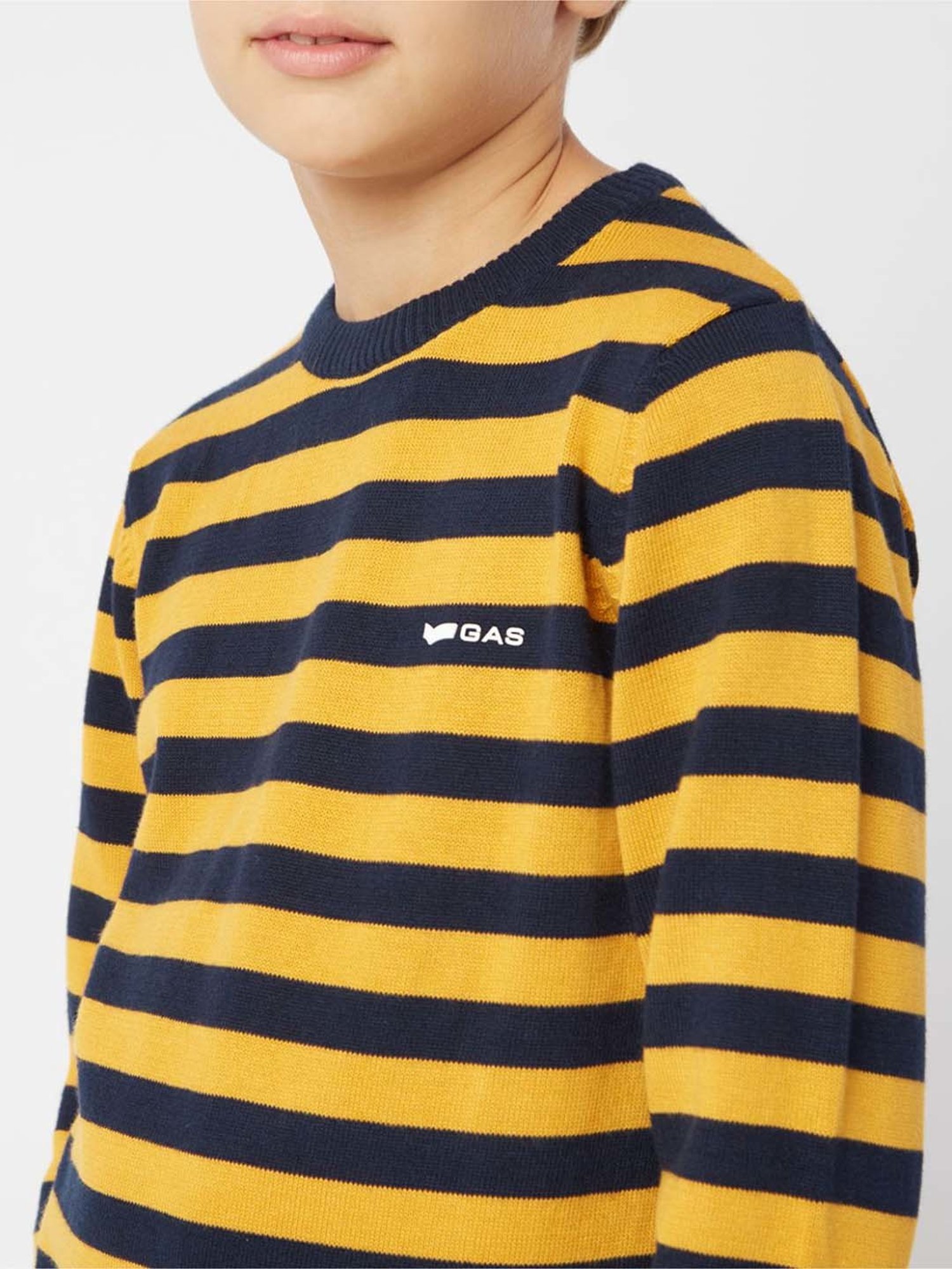 Gas Kids Mustard & Navy Cotton Striped Full Sleeves Pullover Sweater