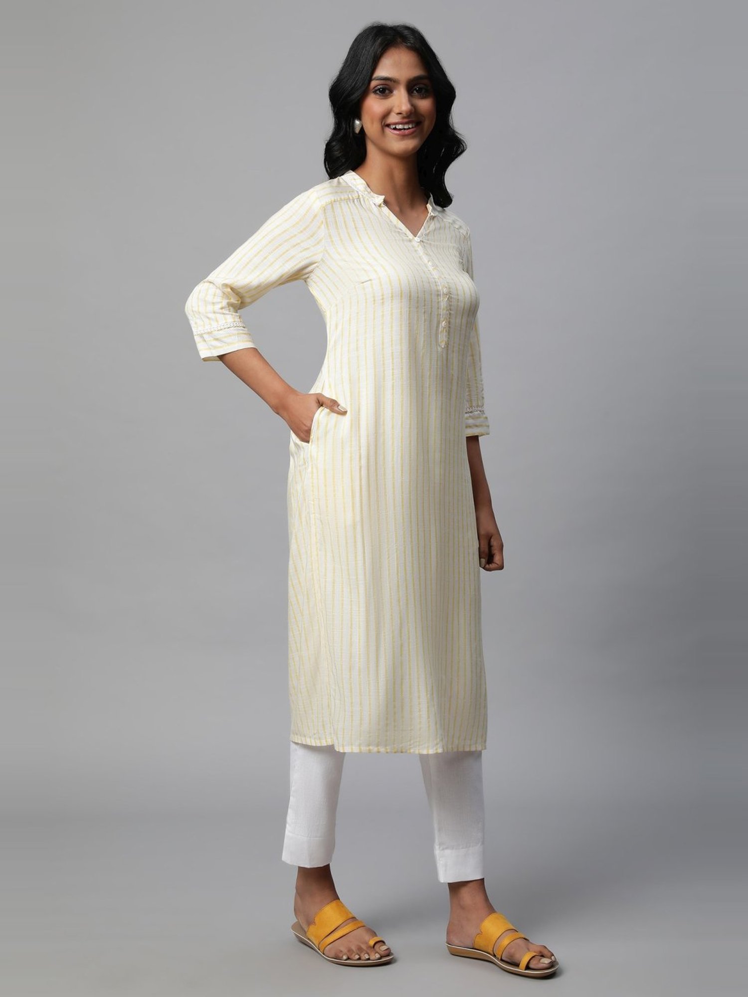 Aurelia Yellow & White Printed Kurta Pant Set