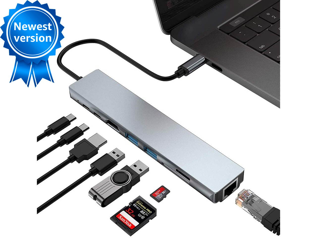 USB C Hub Multiport Adapter 8 in 1 Type C Docking Station Aluminum with 4K HDMI Output, RJ45,2 USB 3.0 Ports, SD/Micro SD Card Reader PD Charging Port Compatible for MacBook Pro,XPS