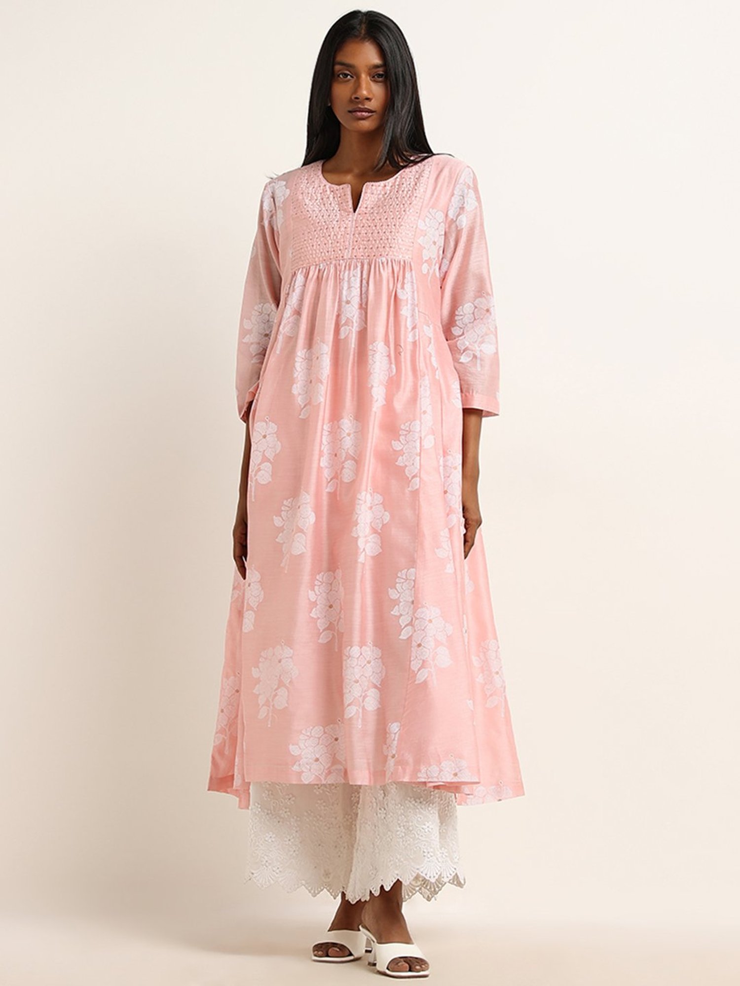Zuba by Westside Pink Bandhani Floral Design A-Line Kurta with Camisole