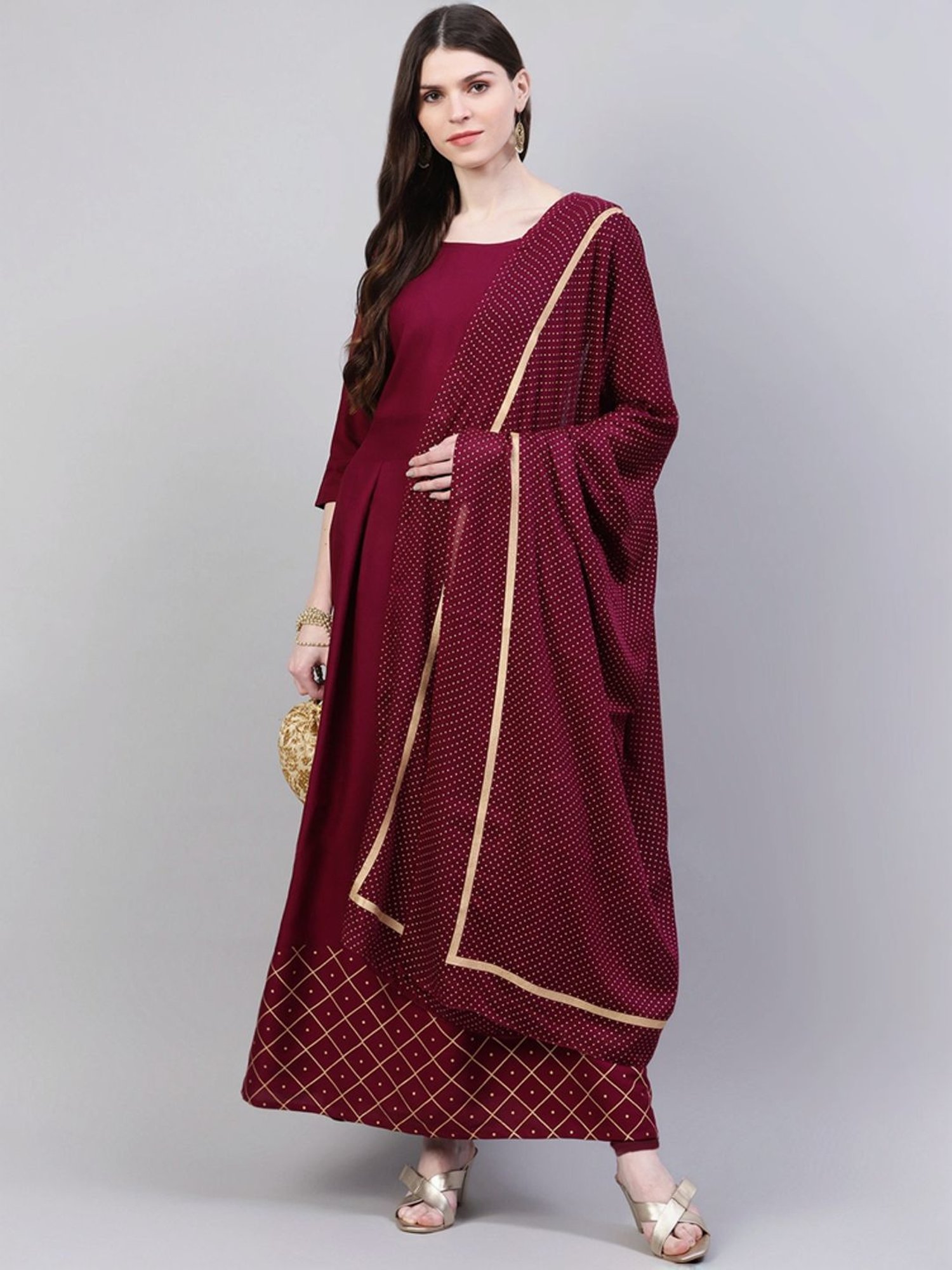 Stylum Wine Printed Dress with Dupatta