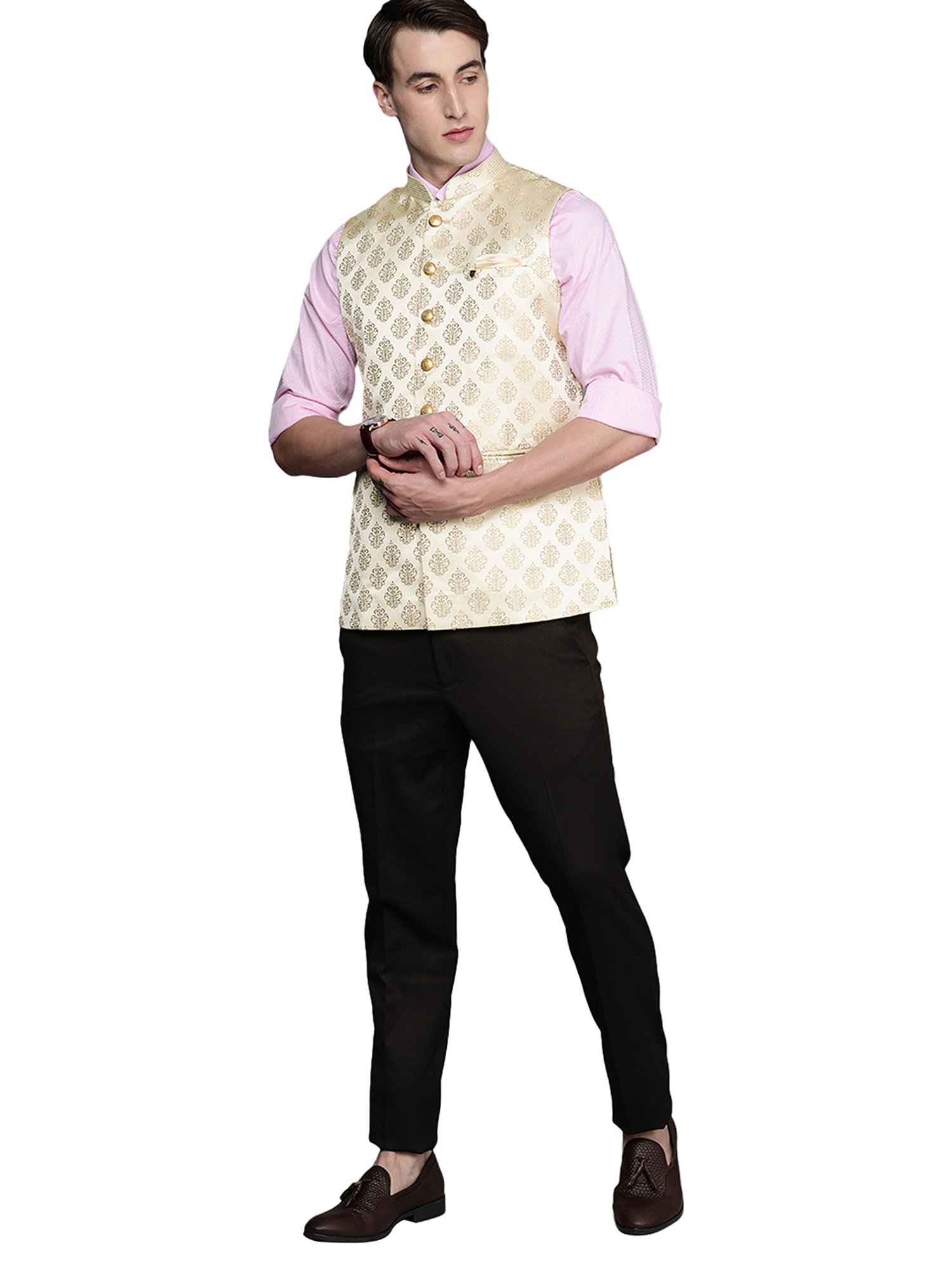 Manyavar Beige Mandarin Collar Nehru Jacket