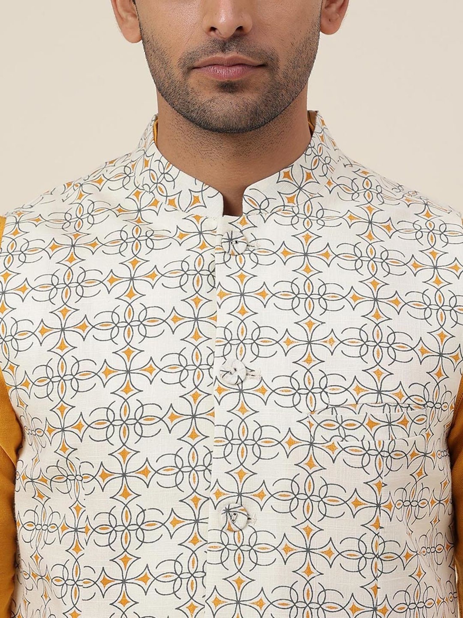 FabBasics by Fabindia Off White Slim Fit Printed Nehru Jacket