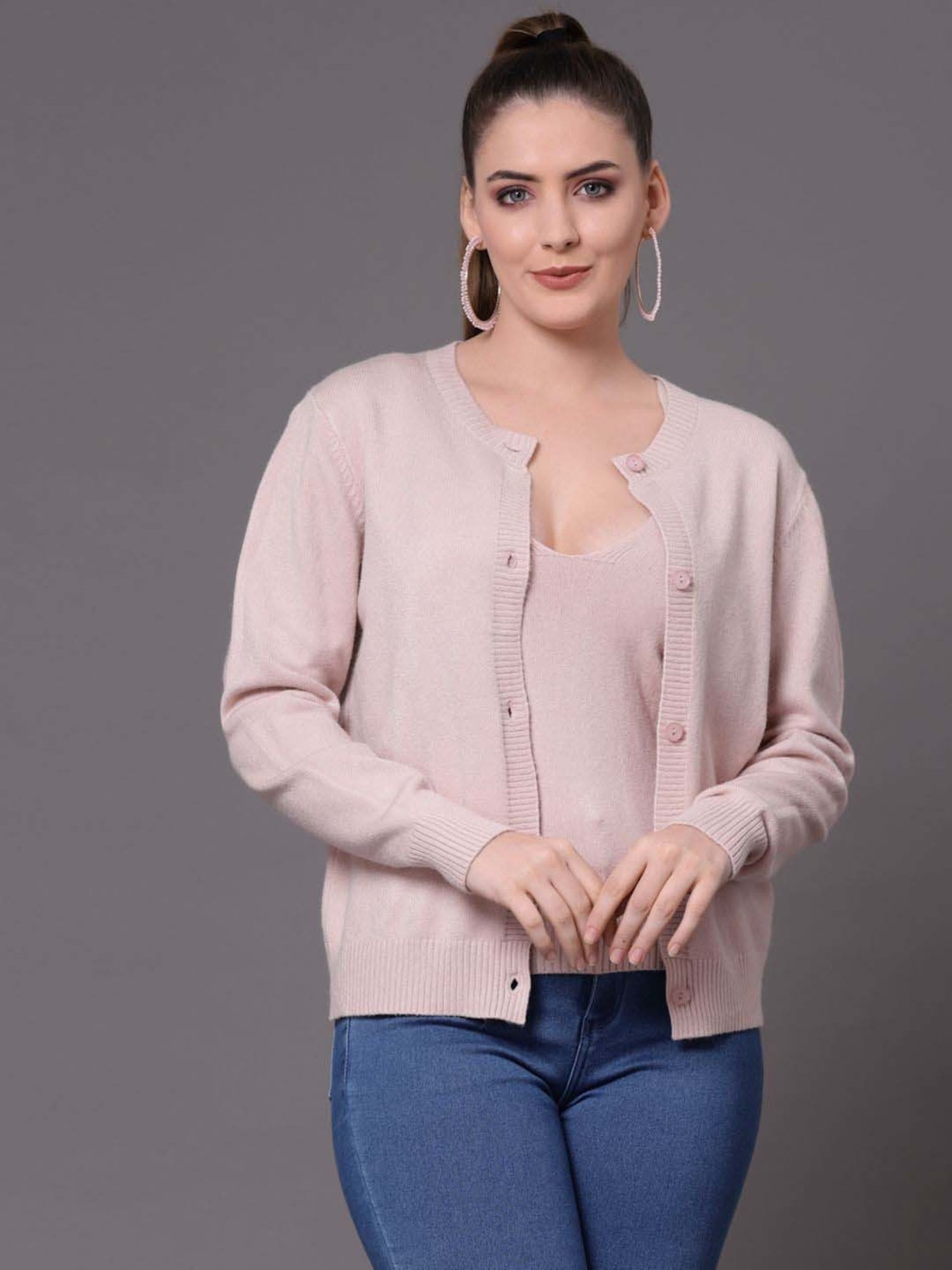 Mafadeny Pink Plain Cardigan With Slip