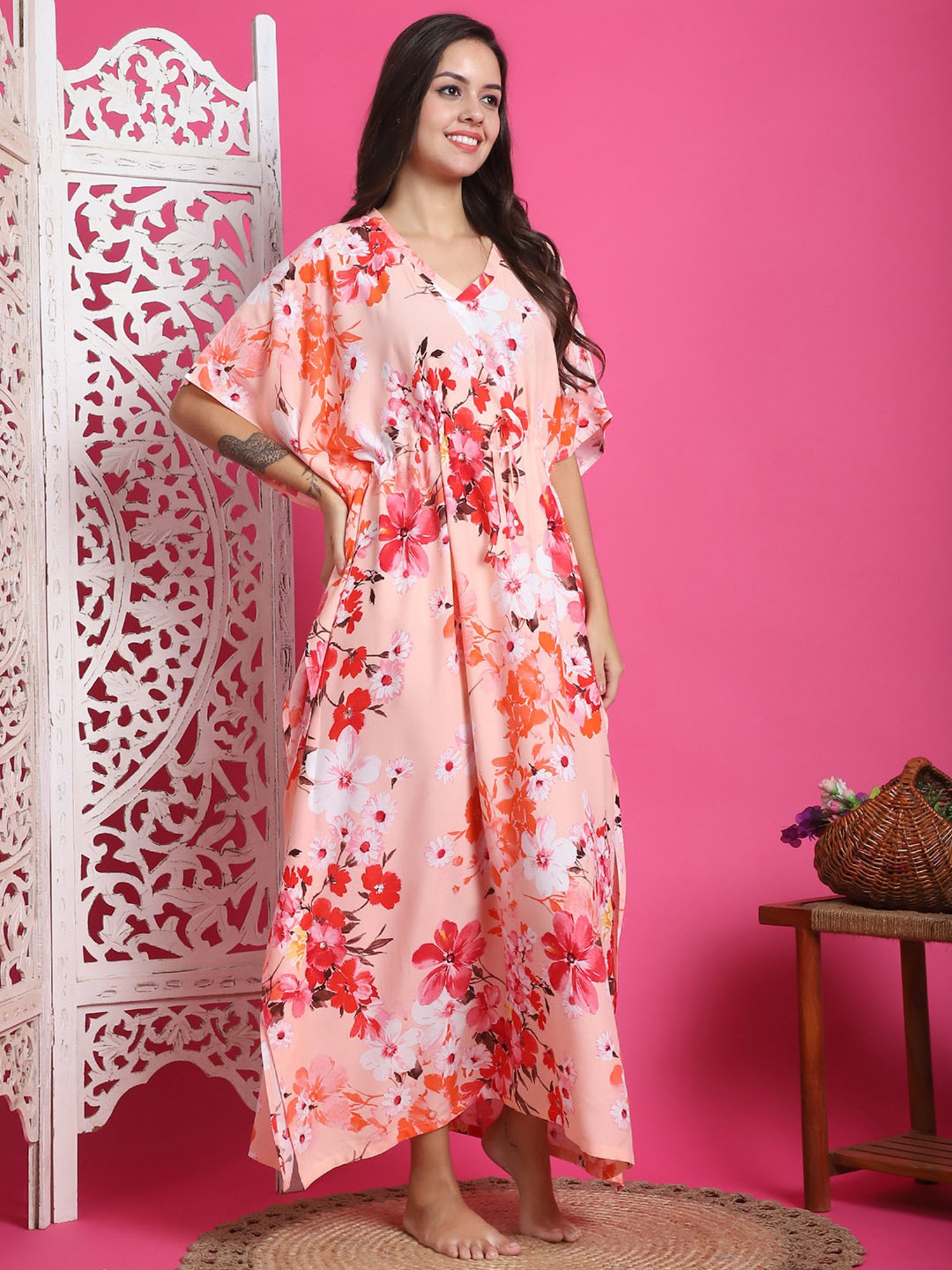 Boston Club Pink Printed Kaftan Night Dress