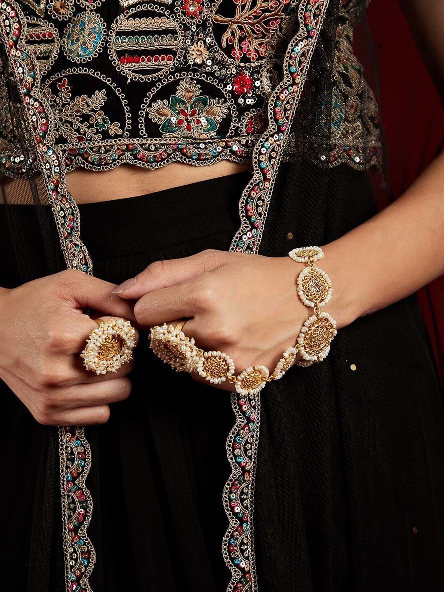 Libas Art Black Embroidered Crop Top Skirt Set With Shrug