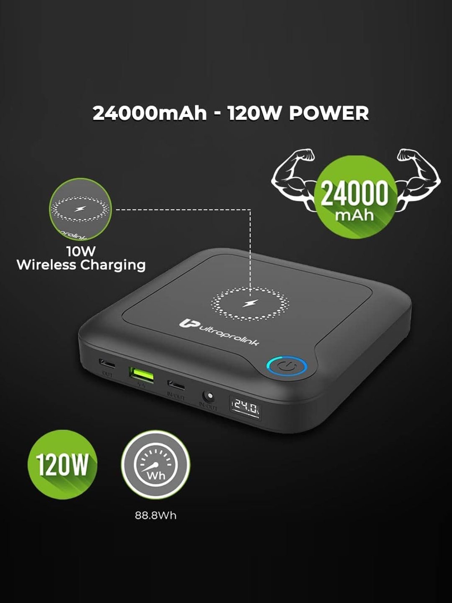 UltraProlink UM1106 Juice-Up 120W 24000mAh Powerbank for Laptops-Smartphones & Tablets (Black)