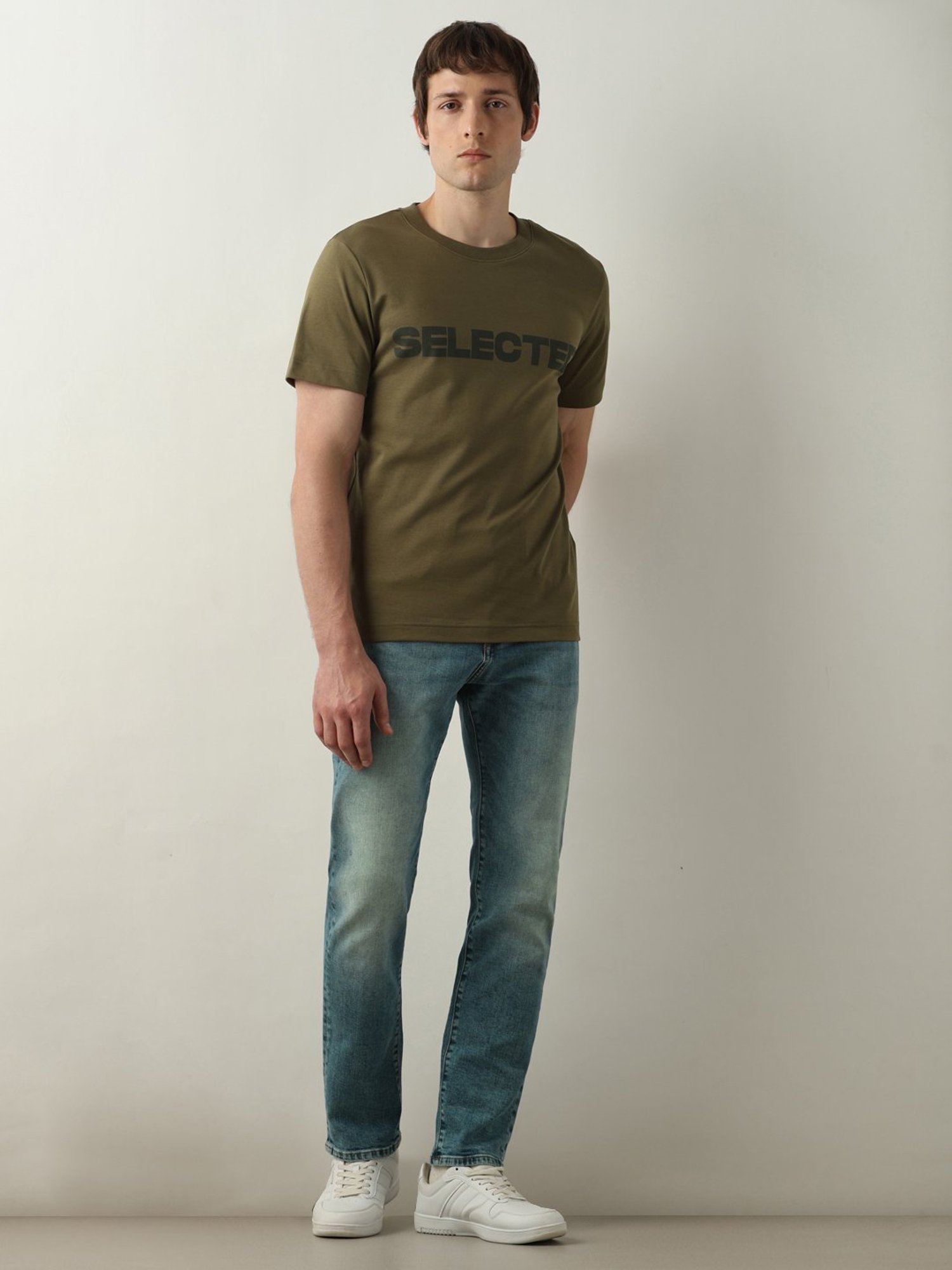 SELECTED HOMME Burnt Olive Slim Fit Logo Print Cotton Crew T-Shirt