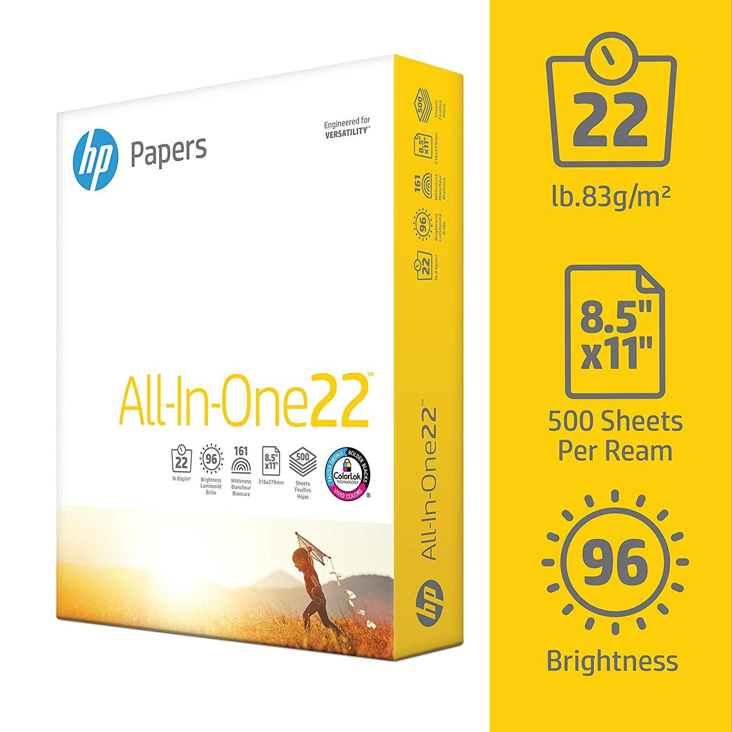 HP Printer Paper, All In One22, 8.5 x 11, Letter, 22lb, 96 Bright, 5,000 Sheets / 10 Ream Carton (207010C) Made In The USA