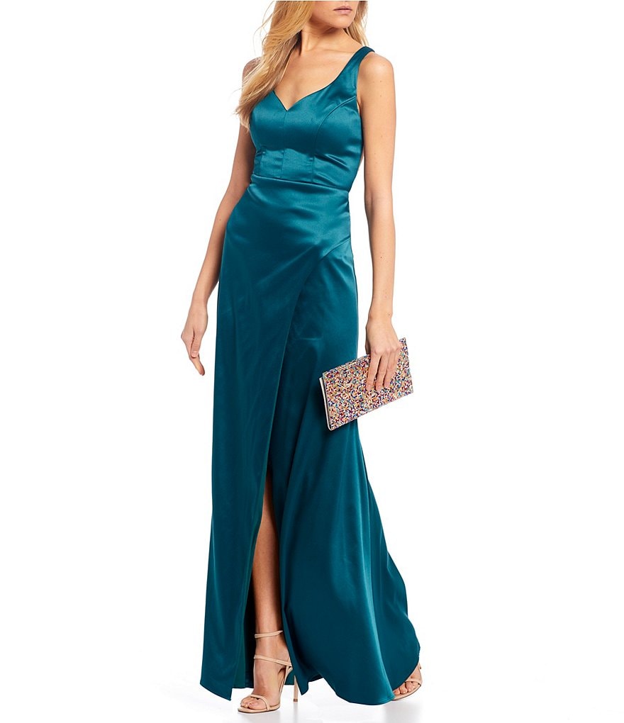 Sequin Hearts V-Neck Satin Cage Back Side Slit Long Dress