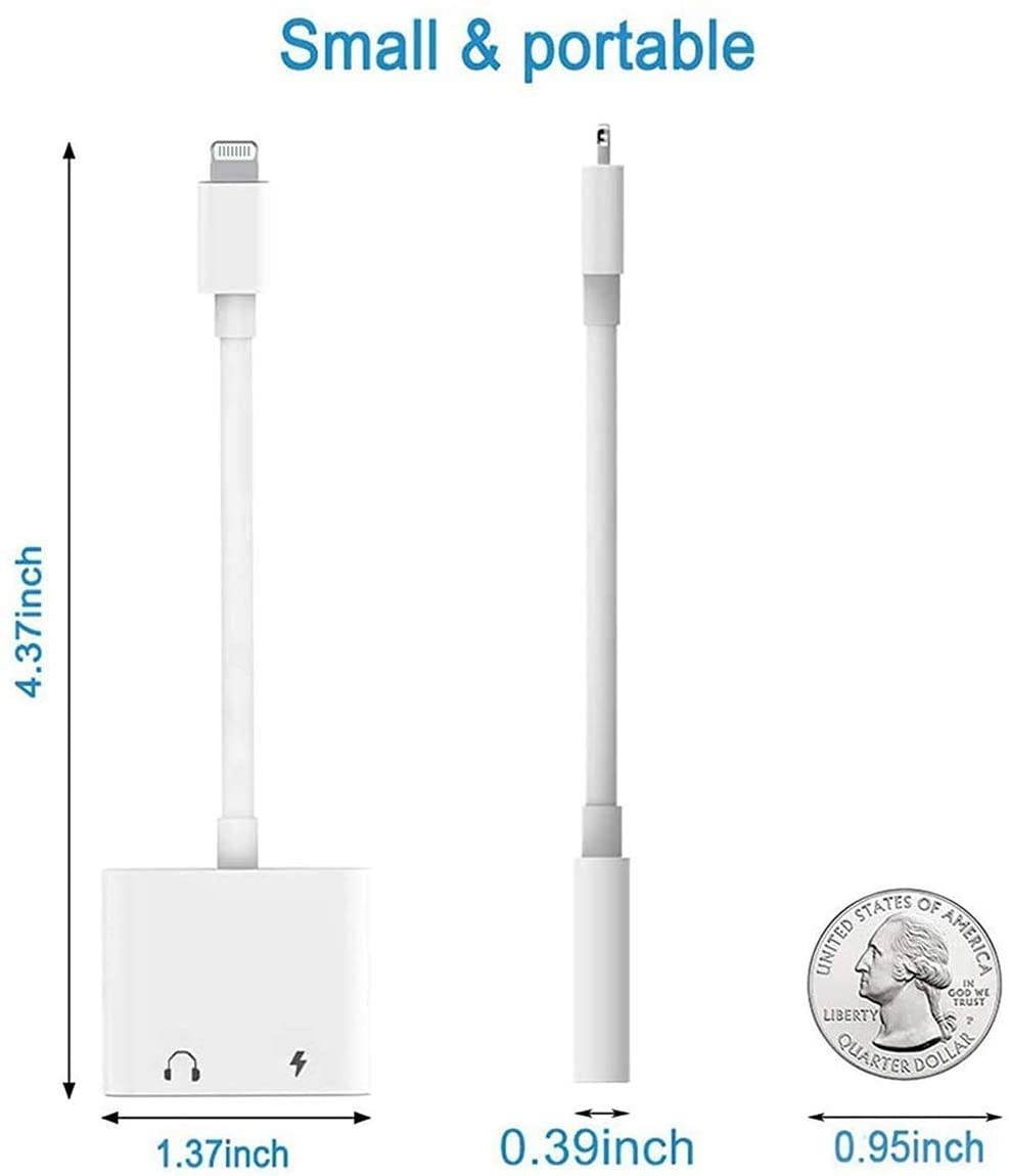iPhone AdapterApple Lightning to 3.5mm Headphone Jack Adapter Dual Ports Dongle Charge Jack+AUX Audio 3.5mm for iPhone SE/11/11 Pro/X/XS/XR/8/7 Plus Support All iOS System[Apple MFi Certified]