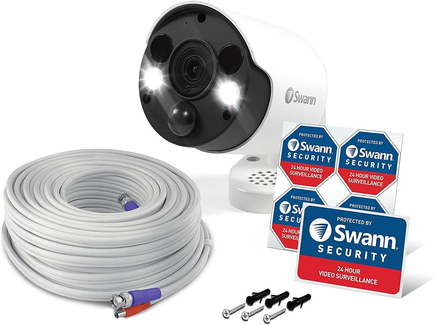 Swann Home Security Camera, Indoor Outdoor Wired PIR Bullet Surveillance Cam, 4K Ultra HD w/Color Night Vision, Thermal Motion Sensing Light, and Siren | Add to DVR System