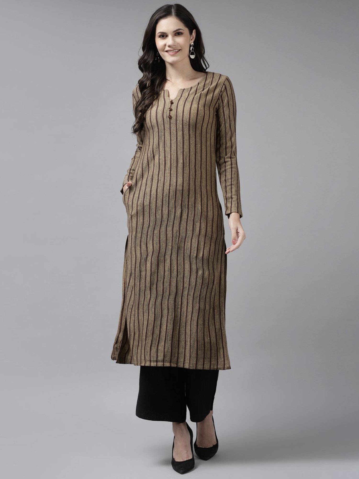Cayman Camel Brown Wool Striped Straight Kurta