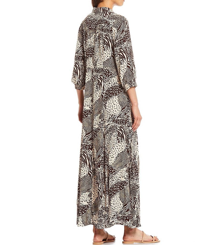 Skies Are Blue Animal Patchwork Print 3/4 Sleeve Maxi Shirt Dress
