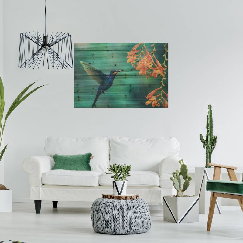 24" x 36" Hummingbird Print on Planked Wood Wall Sign Panel Teal Blue - Gallery 57