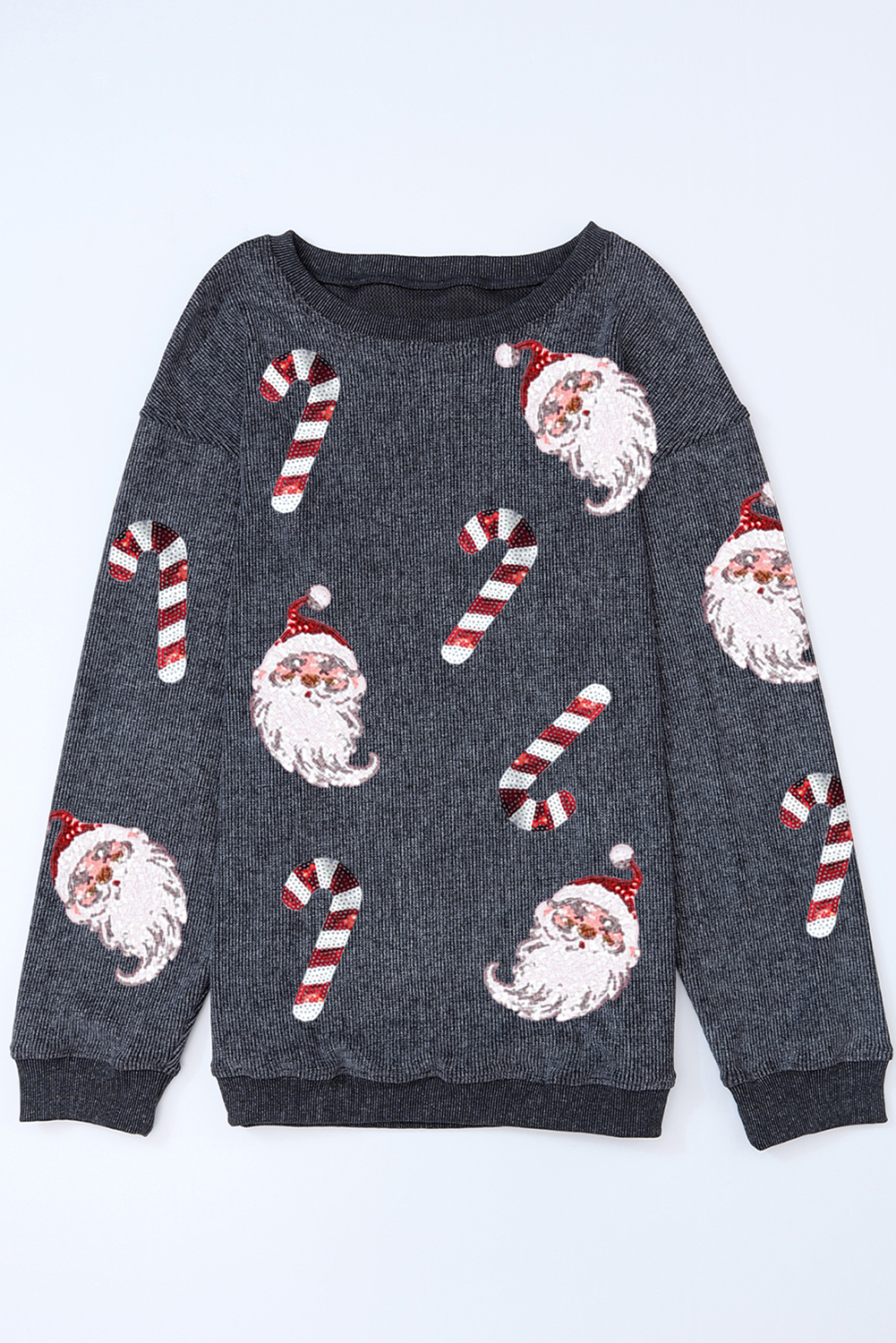 Gray Santa Claus Candy Cane Sequin Patched Baggy Sweatshirt
