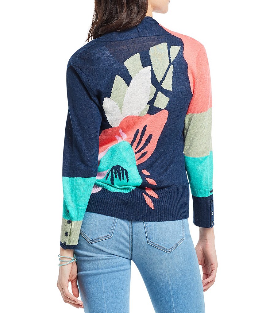 NIC + ZOE Bursting Petals Long Sleeve Open Front Linen Blend Cardigan