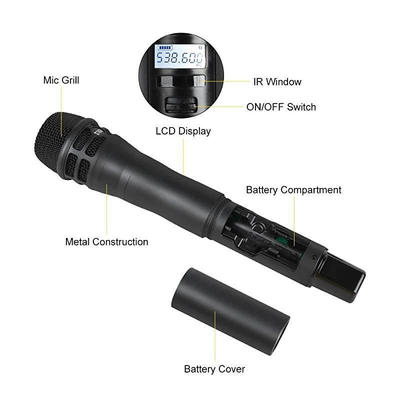 UT-120 True Diversity Long Range 2x100-Channel Professional UHF Wireless Microphone System with 2 Handheld Mics,All Metal,Selectable Frequency,Up to 390Ft,for Party,Karaoke,Stage