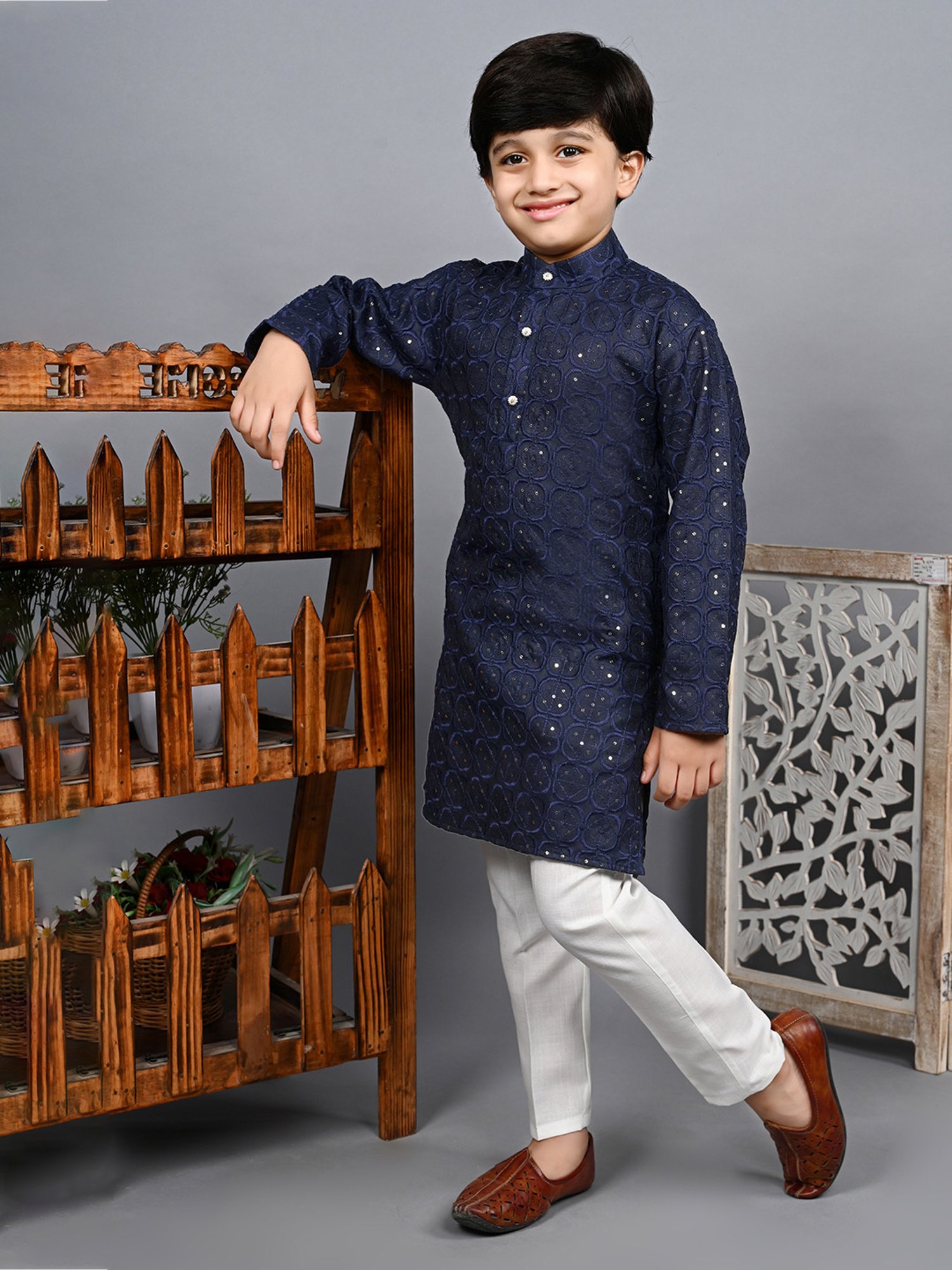 Ahhaaaa Kids Navy & White Embellished Full Sleeves Kurta With Pyjamas