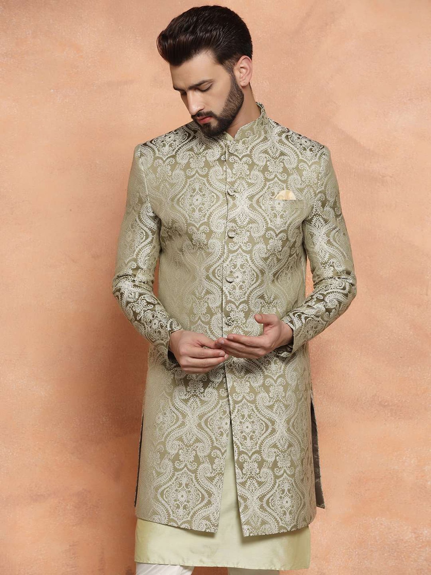 Kisah Beige & Green Regular Fit Jacquard Sherwani Set